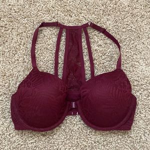 Burgundy lace Pink VS lace t-back bra, front close
